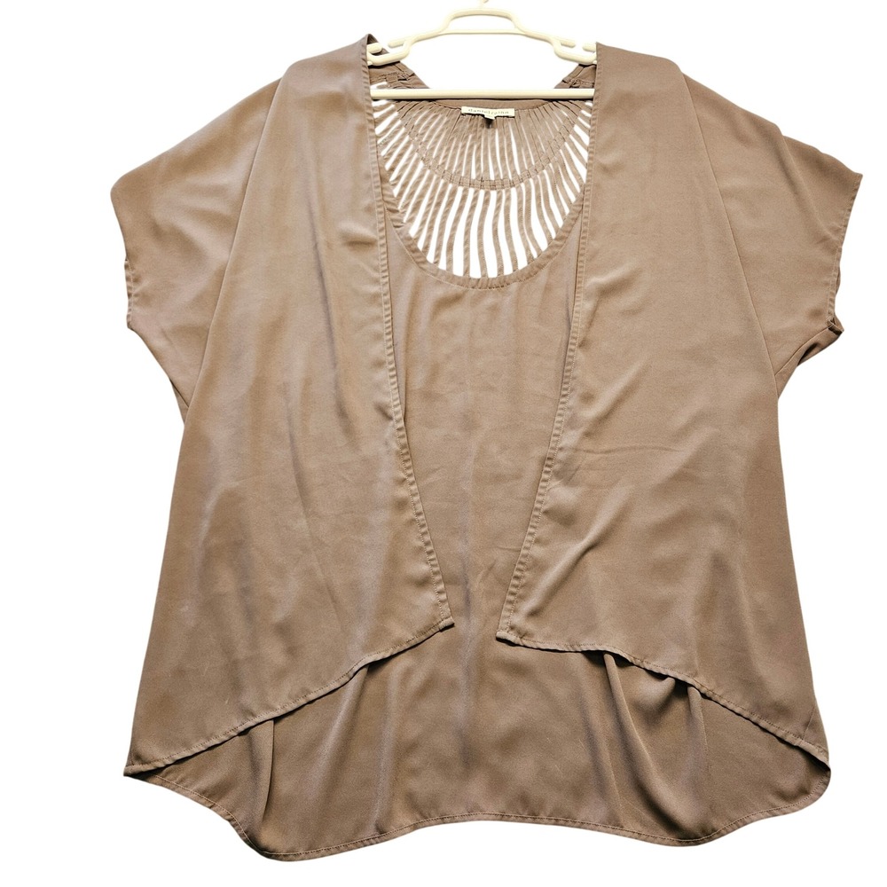 Daniel Rainn Taupe Brown Cage Back Cutout Short Sleeve Blouse Top Medium‎